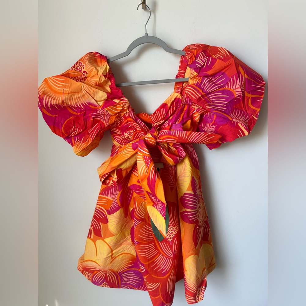 Farm Rio Orange pink floral Puff Sleeve Off the Shoulder mini Dress - Picture 5 of 8